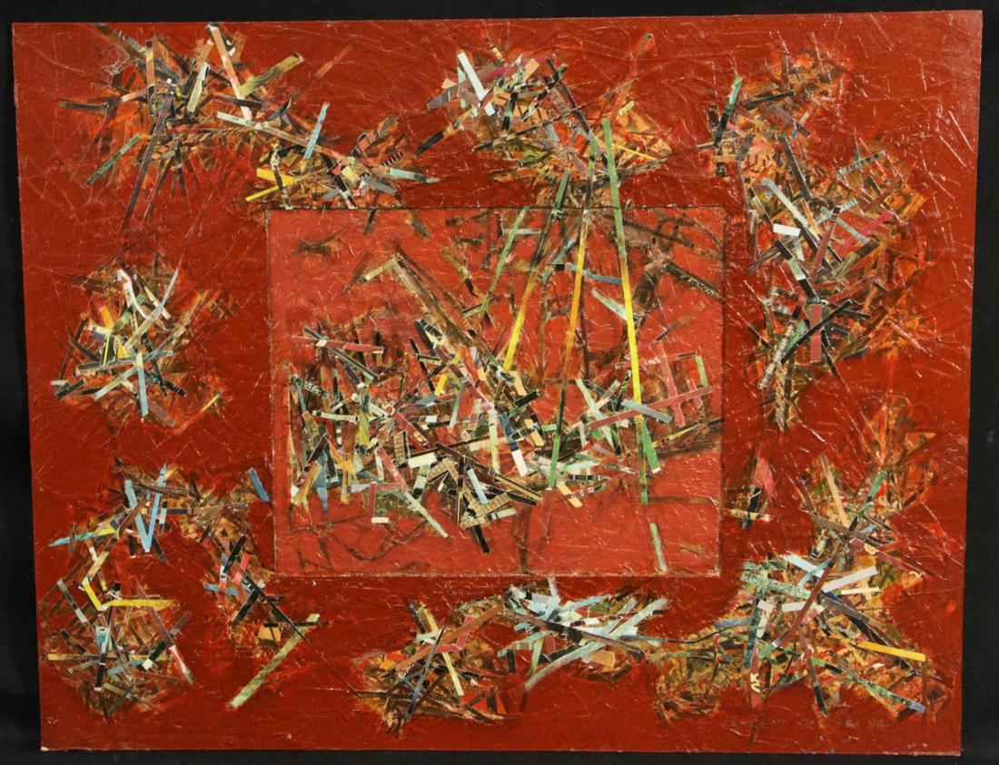 LAURENT BACCARA ABSTRACT MIXED MEDIA PAINTING: LAURENT BACCARA ABSTRACT MIXED MEDIA, COLLAGE PAINTING ON BOARD, 1983.