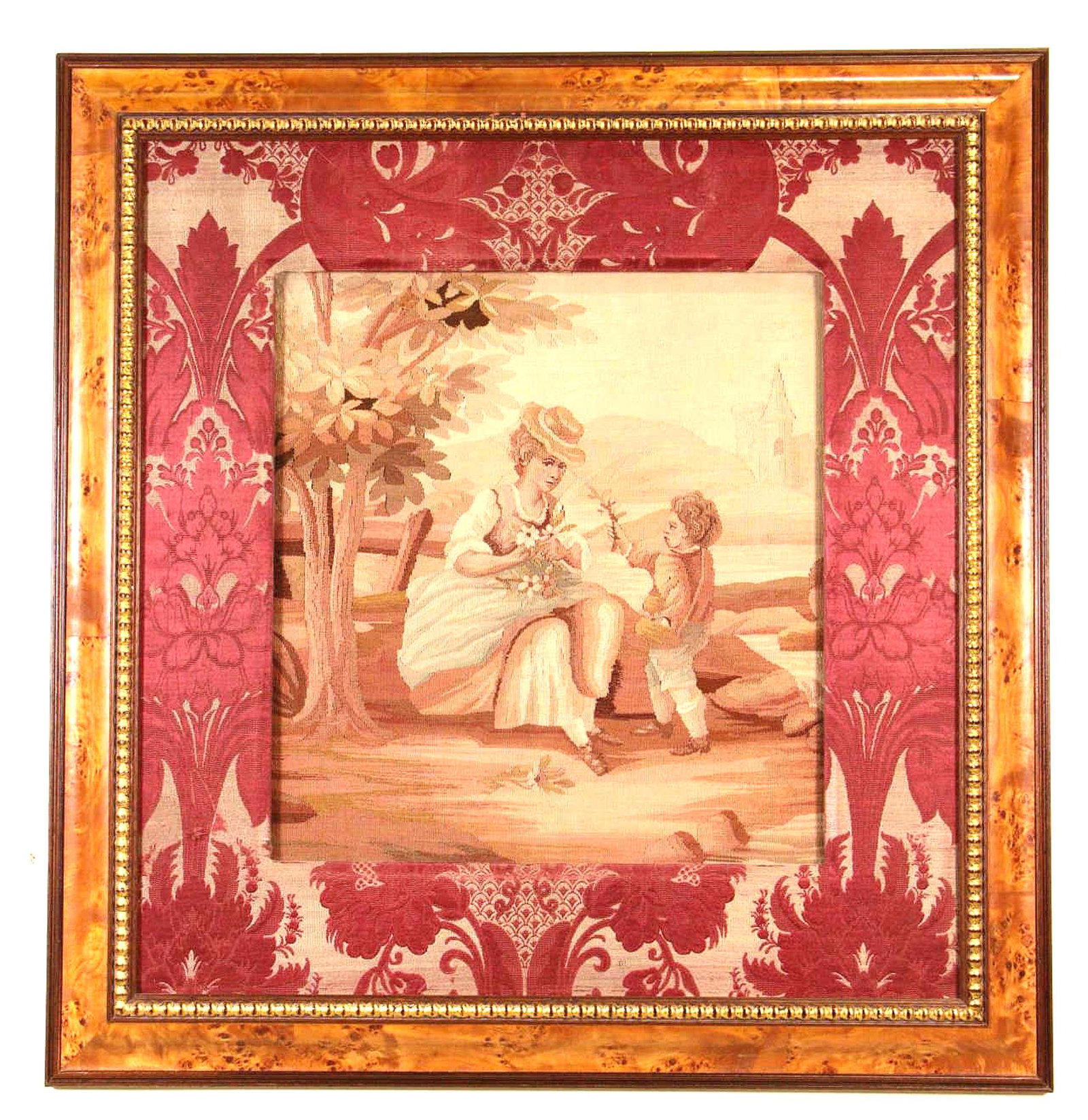 FRAMED PARIS FRANCE AUBUSSON NEEDLEPOINT: PARIS FRANCE AUBUSSON NEEDLEPOINT IN 19th CENTURY BURLED WOOD FRAME.