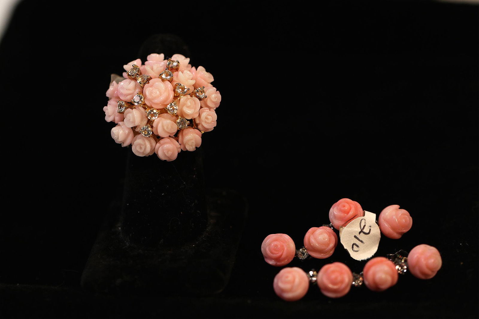 GOLD PLATED CORAL CZ RING AND EARRING SET (1 of 4)