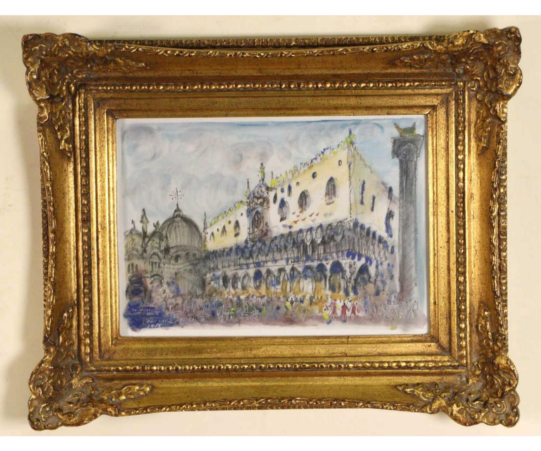 JOSE HANHAUSEN SAN MARCOS SQUARE VENICE 1956: JOSE HANHAUSEN SAN MARCOS SQUARE VENICE WATERCOLOR PAINTING 1956