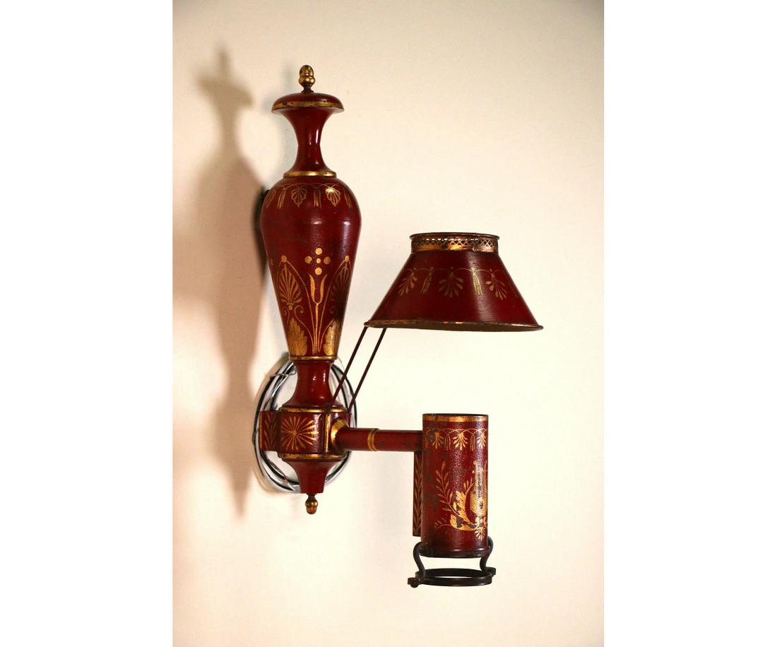 PAIR OF ANTIQUE RED TOLE WALL SCONCES (1 of 3)