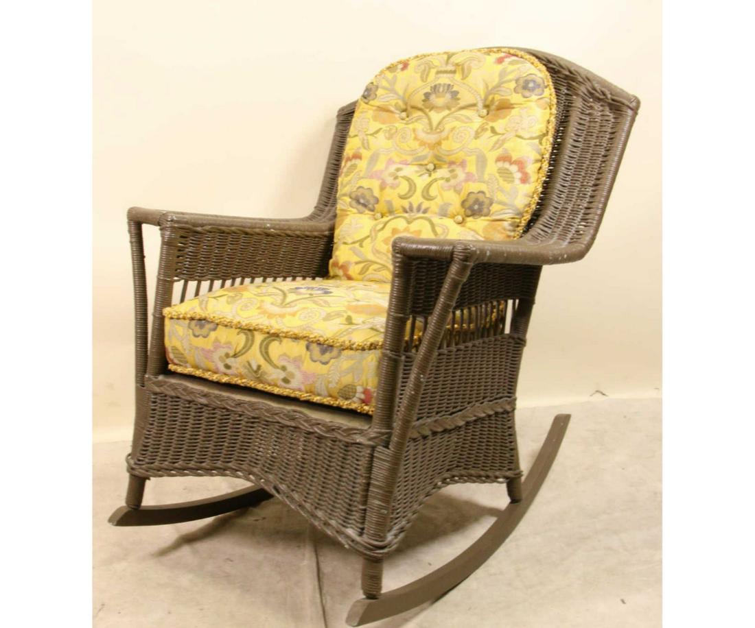 VINTAGE CANE ROCKING CHAIR WITH SILK FABRIC: VINTAGE CANE ROCKING CHAIR WITH SILK FABRIC.