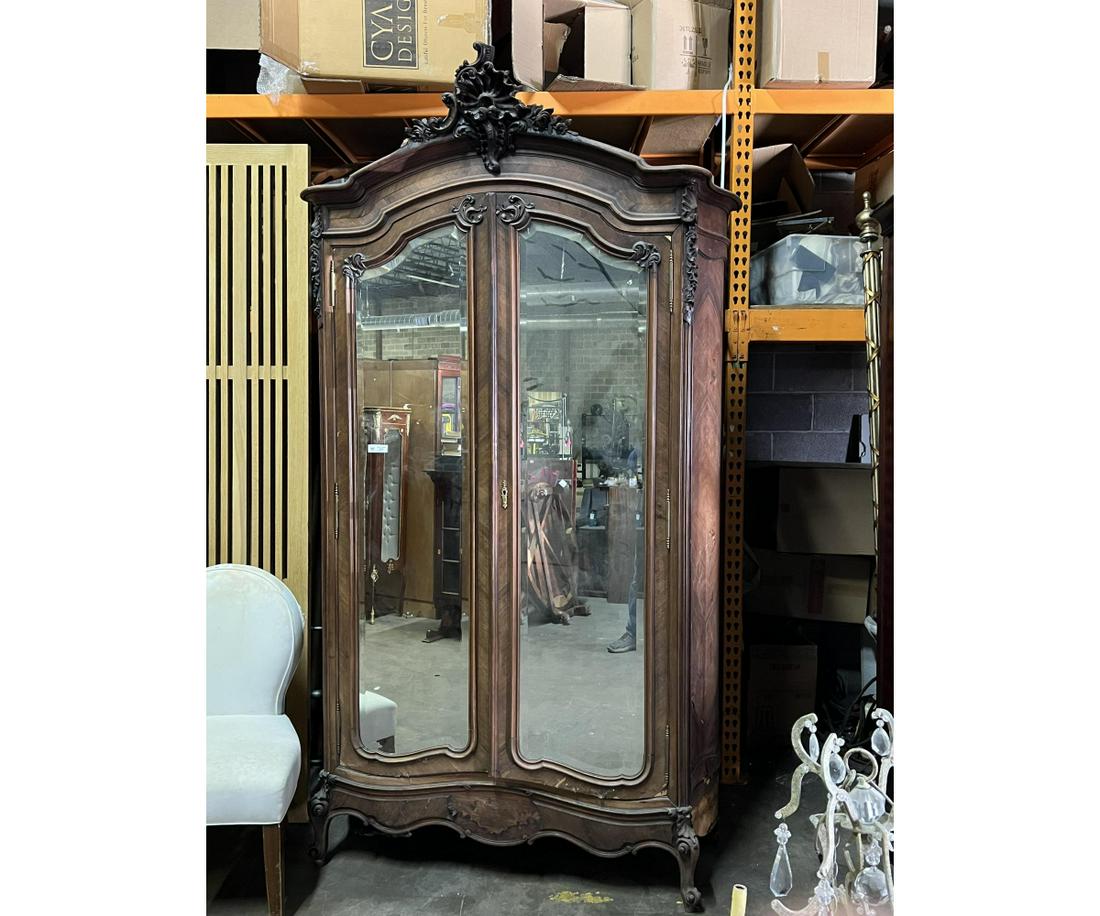 ANTIQUE ARMOIRE WITH MIRRORED DOORS: ANTIQUE ARMOIRE WITH MIRRORED DOORS SOME DAMAGE TO THE VENEER (SOLD AS IS)