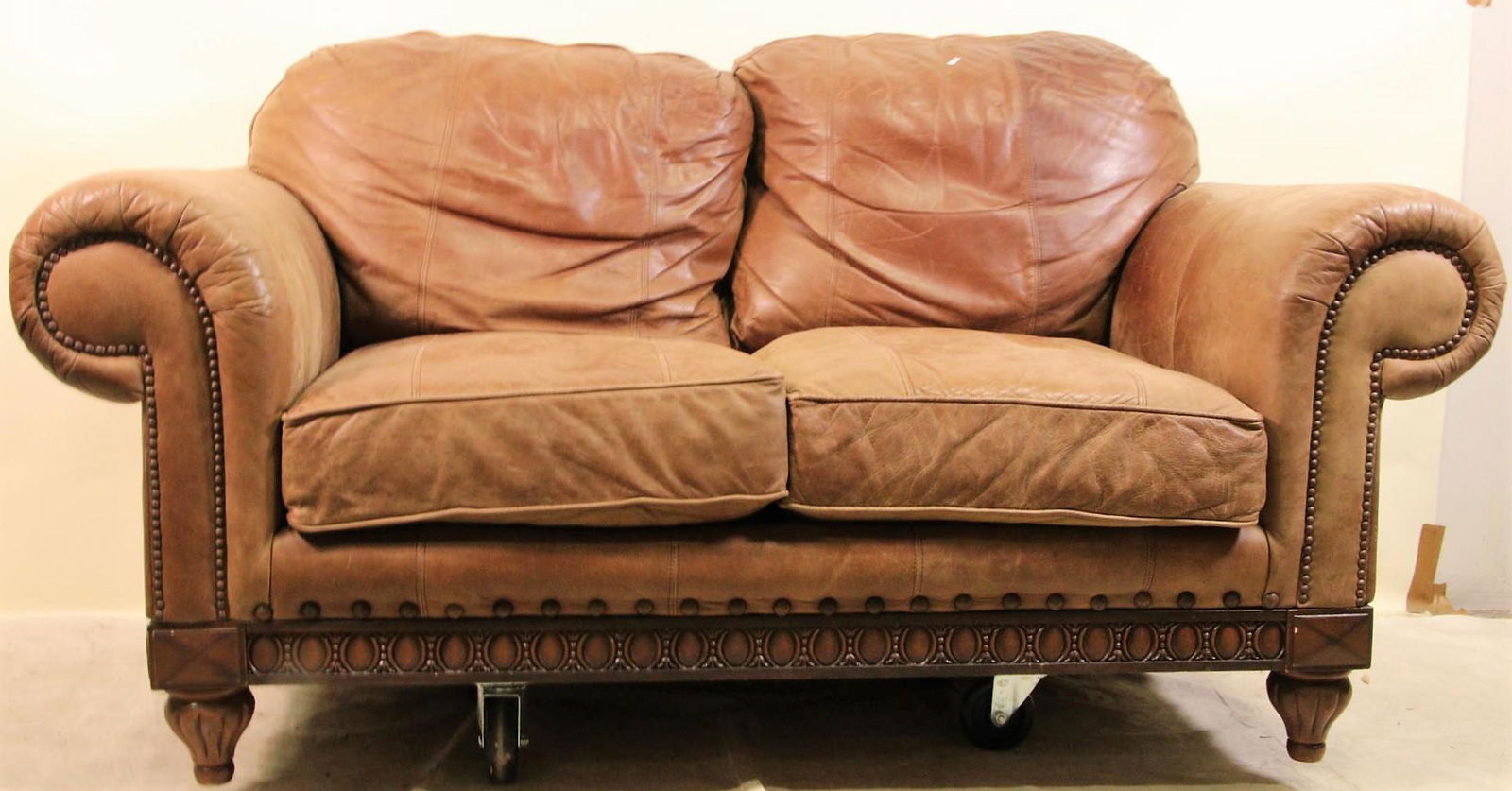VINTAGE DISTRESSED BROWN LEATHER LOVESEAT (1 of 4)
