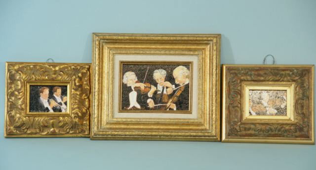 LOT OF THREE GILT FRAME OIL ON PANEL PAINTINGS: LOT OF THREE GILT FRAME OIL ON PANEL PAINTINGS. 1. LARGER PIECE IS BY MARILYN GUERINOT (AMERICAN 20th CENTURY) "SYMPHONY" #1365 OIL ON CANVAS/BOARD. FRAME SIZE 10 1/2 BY 12 1/2 IN., PAINTING SIZE 4 1/