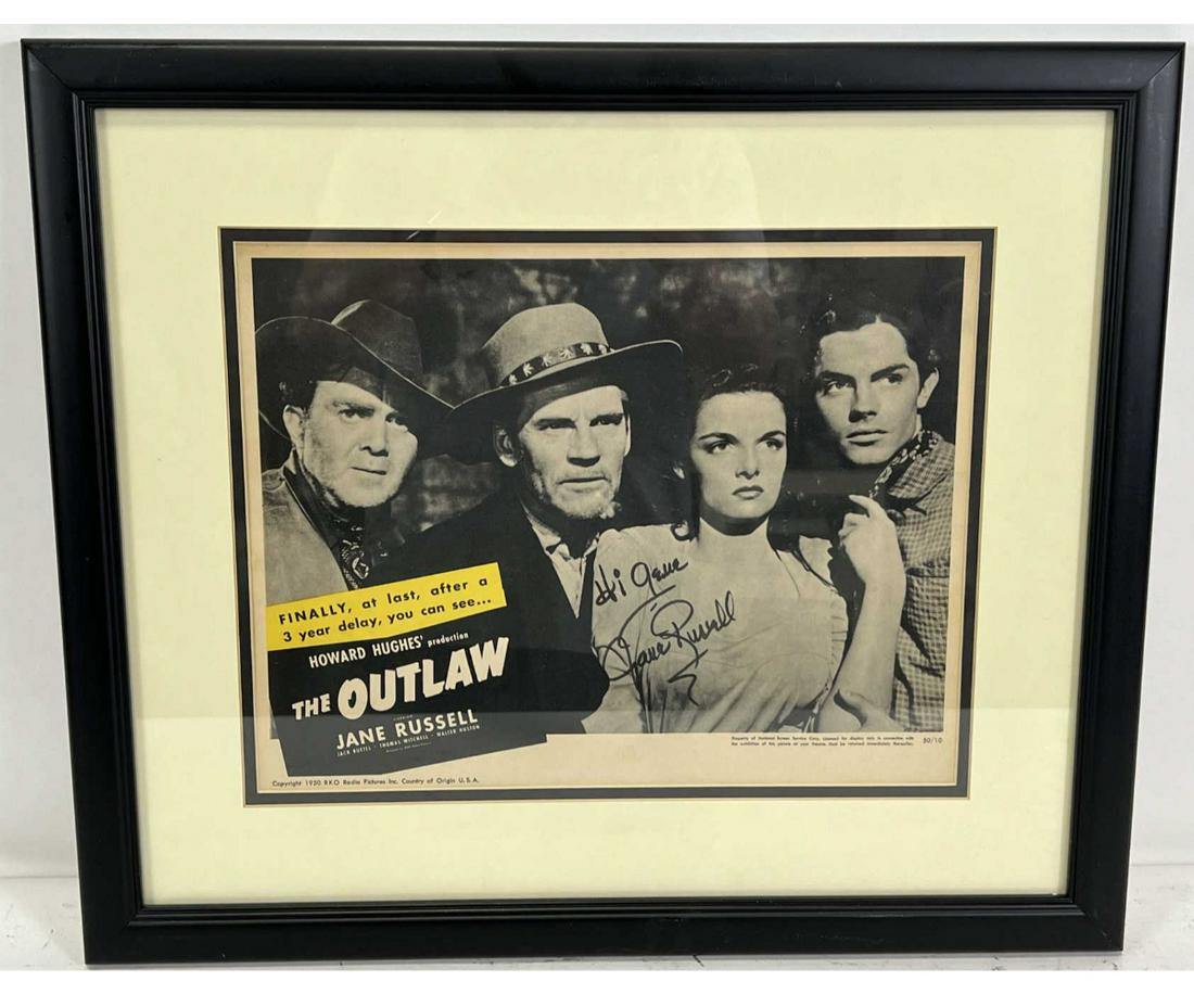 AUTOGRAPHED JANE RUSSELL THE OUTLAW MOVIE POSTER: FRAMED AUTOGRAPHED JANE RUSSELL THE OUTLAW VINTAGE MOVIE POSTER Height: 18 in. by Width: 21 in.
