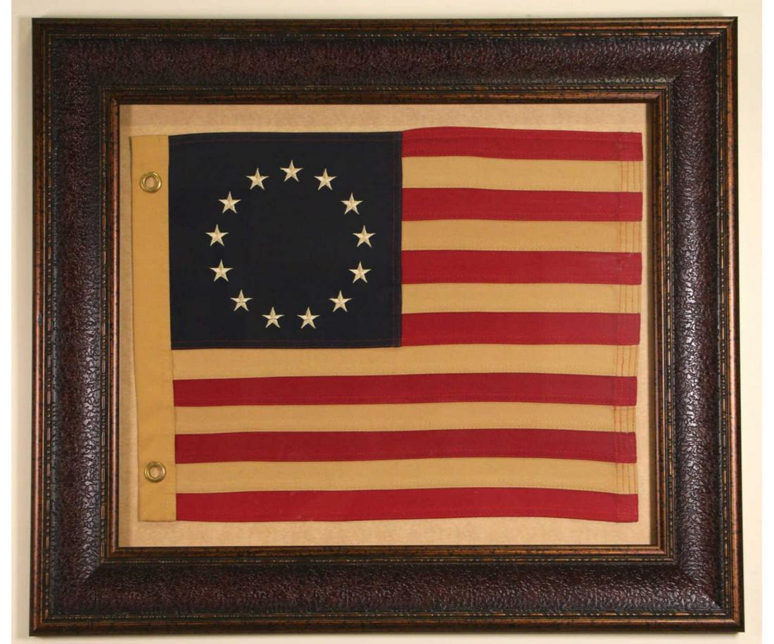 FRAMED HAND STITCHED US 13 COLONIES FLAG: FRAMED HAND STITCHED UNITED STATES 13 COLONIES FLAG. Height: 27 in. by Width: 31 in.