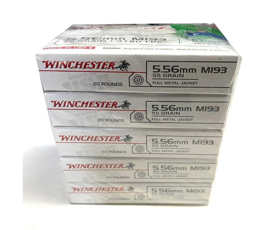 5 BOXES OF WINCHESTER 5.56MM 55GR FMJ AMMO: 5 BOXES OF WINCHESTER M193 WHITE BOX 5.56MM NATO 55GR FMJ AMMO (5 BOXES @ 20RDS/BOX = 200 ROUNDS) - **WE DO NOT SHIP AMMO.**