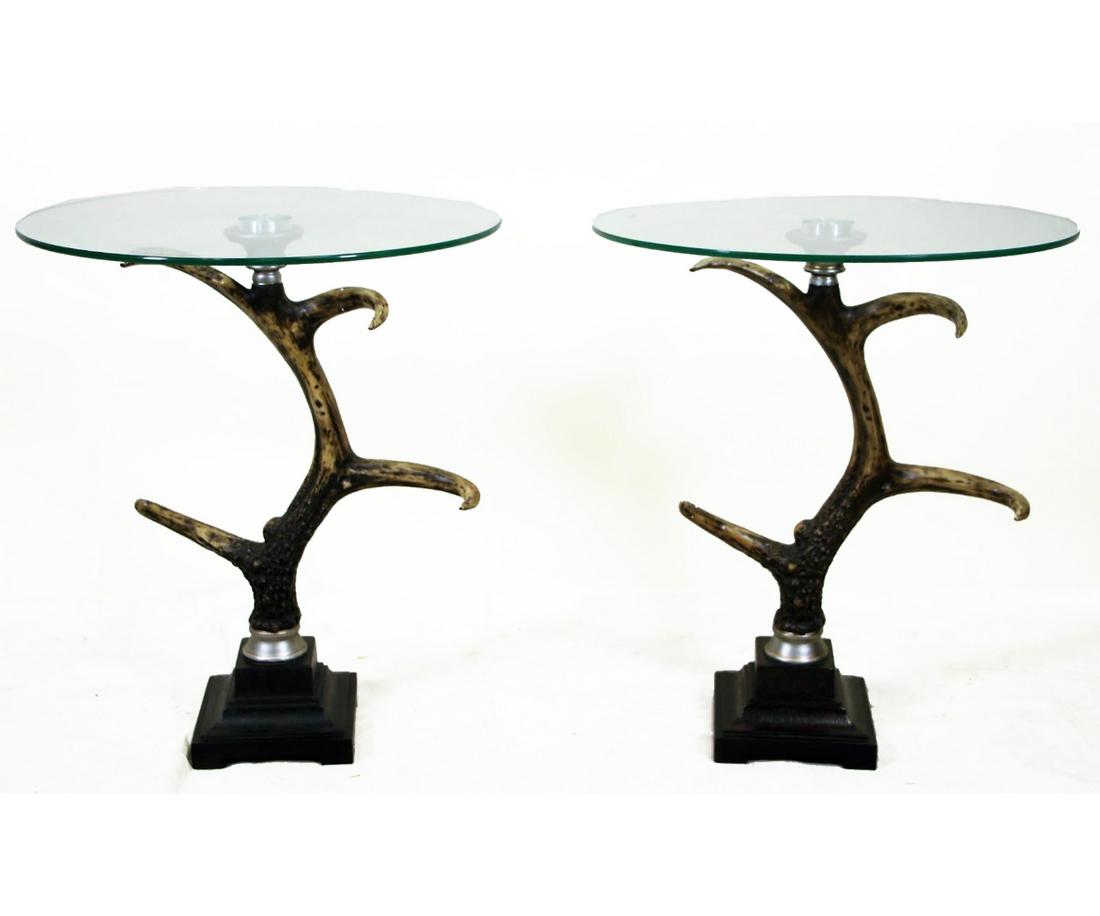 PAIR OF STAG HORN SIDE TABLES: PAIR OF STAG HORN SIDE TABLES Height: 26 in. by Width: 22 in. by Depth: 22 in.