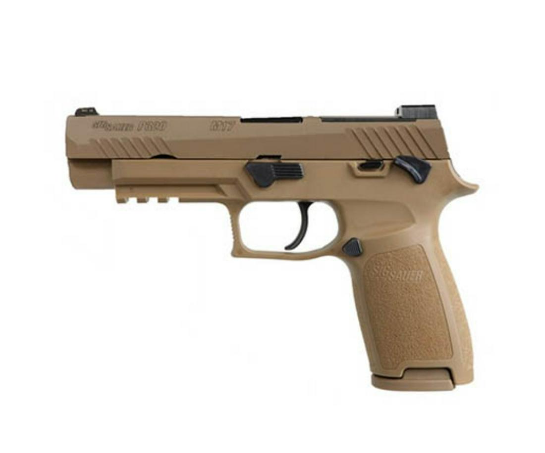 SIG SAUER P320 M17 9MM DAO PISTOL (NEW): NEW SIG SAUER P320 M17 9MM DAO PISTOL - FDE, NITE SIGHTS CALIBER: 9MM; SERIAL NUMBER: M17A010116; NEW FIREARM - INCLUDES TWO MAGS (L2212)