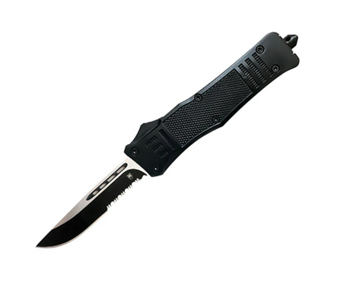 CobraTec CTK-1 Lg 3.9in OTF Knife: NEW CobraTec Large 3.9in Drop Point SL/Part Serrated Blk Handle OTF, D2 Steel, Hard Plastic case, Nylon Pouch - **CANNOT SHIP TO: CA, DE, IL, MA, MD, MN, MT, NJ, NM, NY, PA, VA OR WA.**