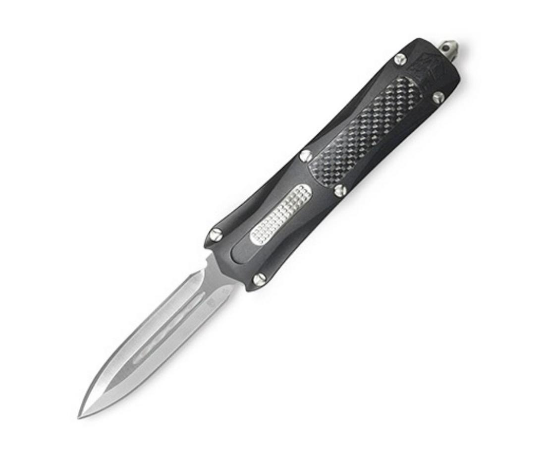 Cobratec Gray King Cobra OTF Knife: NEW Cobratec King Cobra Dagger SL/PL Gray Chassis 4in D2 Steel; 5in Gray 6061-T6 Aluminum Handle w/Carbon Fiber inlay Double action Out the Front Knife with top release button. - **CANNOT SHIP TO: CA,