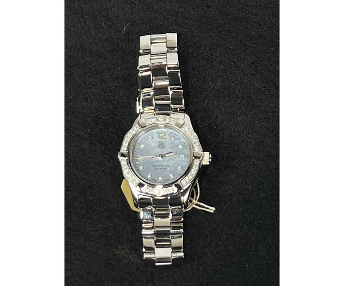 TAG HEUER AQUARACER LADY DATE STEEL 27MM WATCH: TAG HEUER AQUARACER LADY DATE STEEL 27MM WATCH - MOTHER OF PEARL & DIAMOND DIAL, DIAMOND BEZEL, STAINLESS STEEL BAND