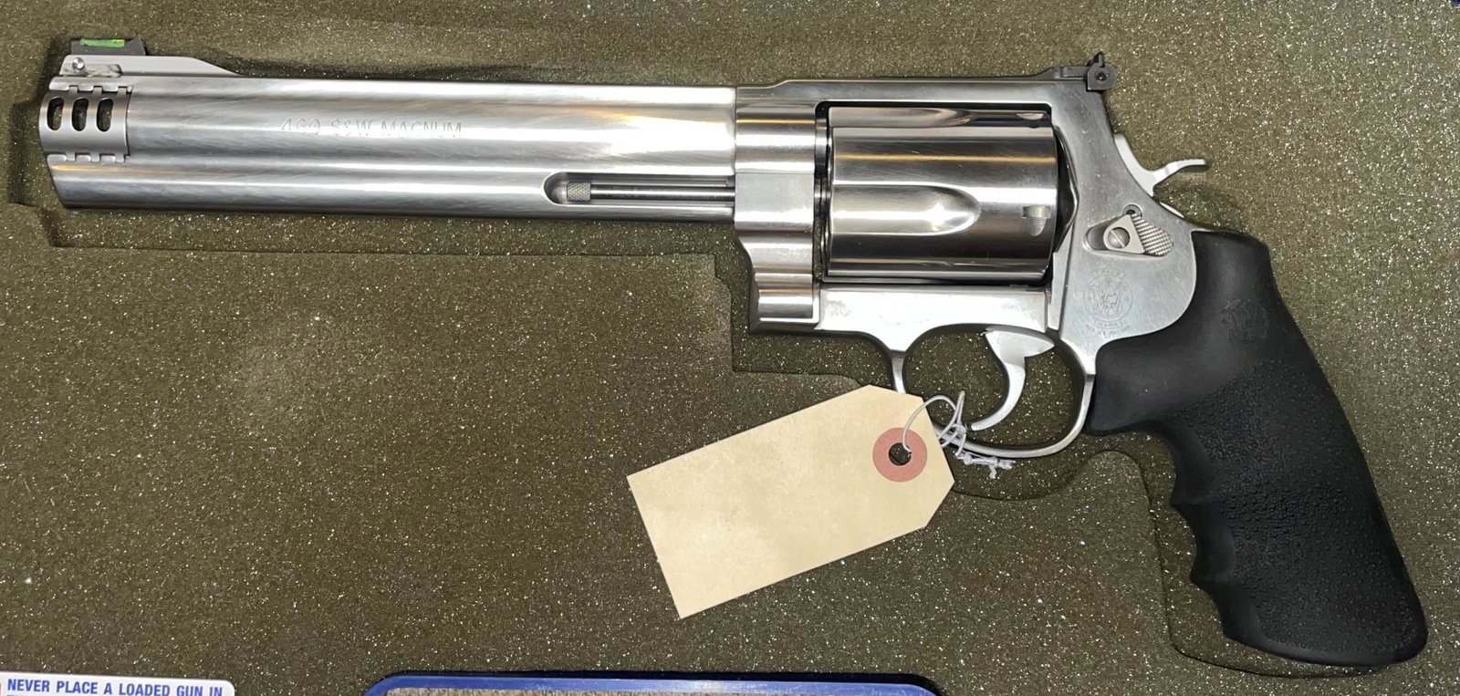 SMITH & WESSON 460 XVR .45 REVOLVER (USED): SMITH & WESSON 460 XVR .45 REVOLVER - LIKE NEW CONDITION, 8.38in BARREL, 5 ROUND CAPACITY, OVERALL LENGTH IS 15 INCHES, WEIGHS 72.20 OUNCES, INCLUDES FACTORY CASE, SHOOTS .460S&W, .45 COLT, .45 SCHOFI