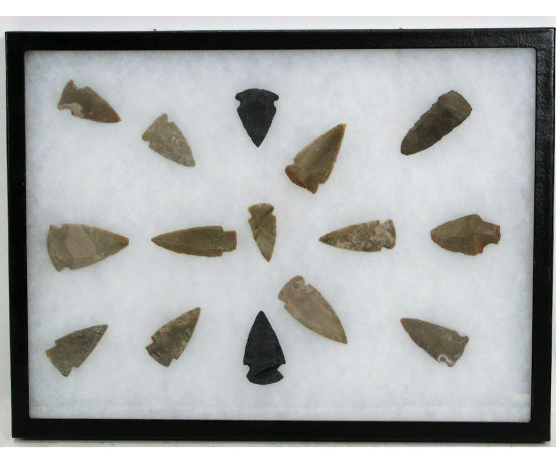 SET OF FIFTEEN AUTHENTIC ARROWHEADS IN SHADOW BOX: SET OF FIFTEEN AUTHENTIC ARROWHEADS IN SHADOW BOX. Height: 12 in. by Width: 16 in.