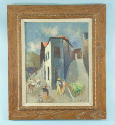 HARRY GOTTLIEB "TAXCO CORNER " OIL ON PANEL: HARRY GOTTLIEB "SPANISH TOWN SCENE" OIL ON PANEL, 1954. FRAMED, SIGNED LOWER RIGHT. Height: 19 1/2 in. by Width: 15 1/2 in.