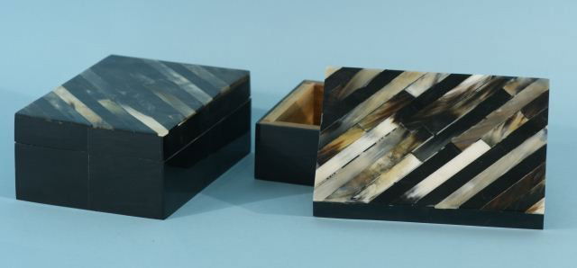 PAIR OF HORN INLAY DECORATIVE BOXES: PAIR OF HORN INLAY DECORATIVE BOXES. Height: 3 in. by Width: 7 1/2 in. by Depth: 5 1/2 in.