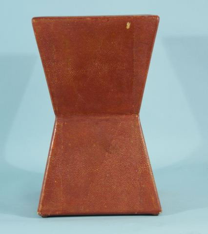 RED SHAGREEN PEDESTAL TABLE: RED SHAGREEN PEDESTAL TABLE. Height: 19 1/2 in. in. by Width: 12 in. in. by Depth: 12 in.