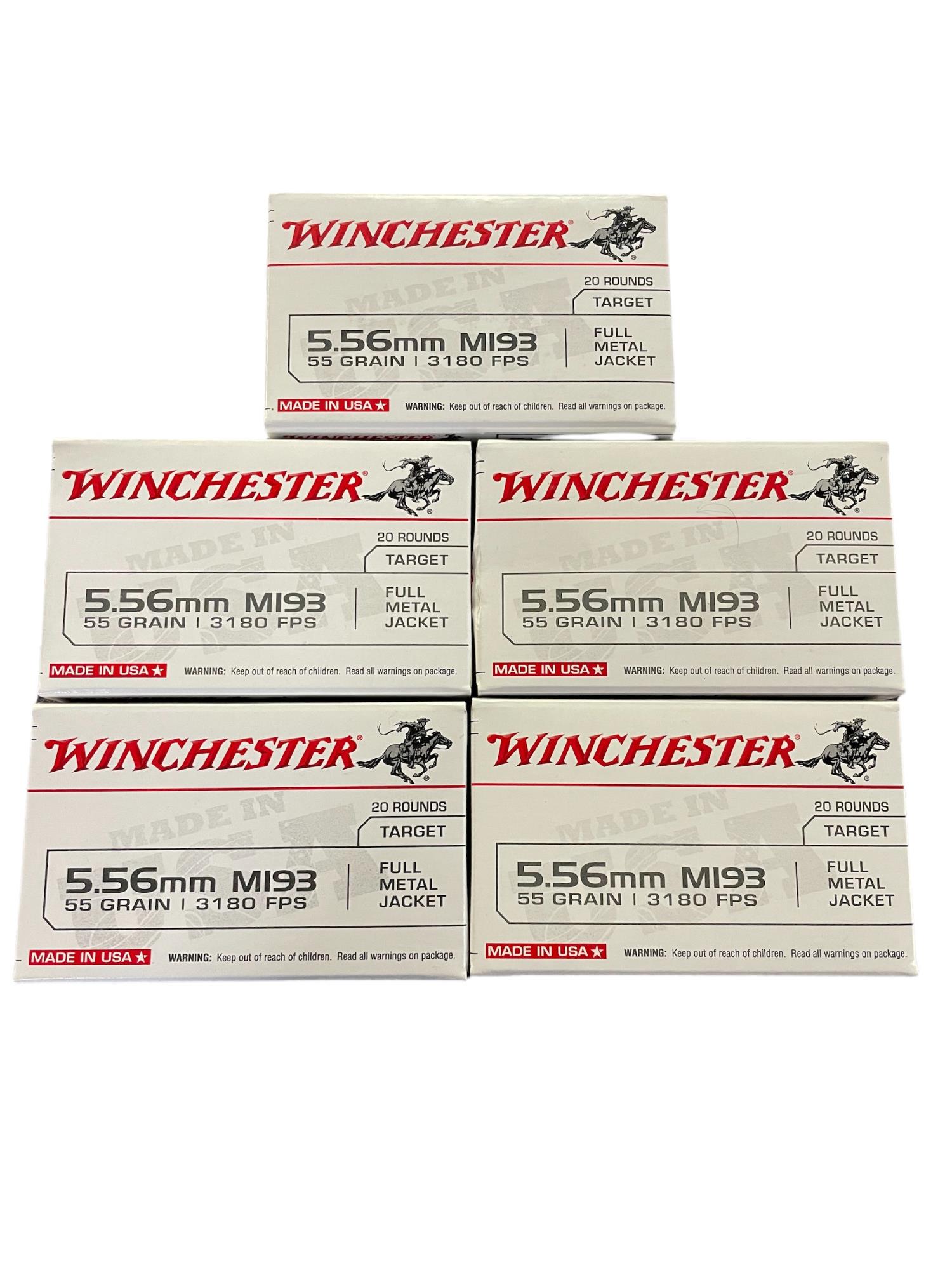 100rds WINCHESTER 5.56MM 55GR M193 FMJ AMMO: 100rds WINCHESTER 5.56MM 55GR M193 FMJ AMMUNITION