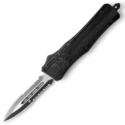 CobraTec Med Auto 3in OTF Knife: NEW CobraTec CTK-1 Medium 3in Dagger SL/2 Side Part Serrated Blk Hnd Double Edged, OTF, D2 Steel, Hard Plastic case, Nylon Pouch - **CANNOT SHIP TO: CA, DE, IL, MA, MD, MN, MT, NJ, NM, NY, PA, VA OR W