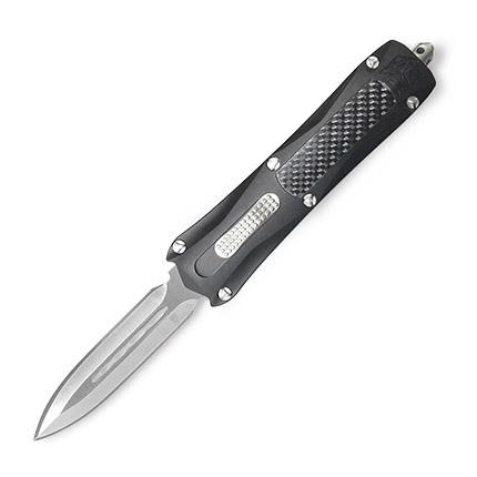 Cobratec Gray King Cobra OTF Knife: NEW Cobratec King Cobra Dagger SL/PL Gray Chassis 4in D2 Steel; 5in Gray 6061-T6 Aluminum Handle w/Carbon Fiber inlay Double action Out the Front Knife with top release button. - **CANNOT SHIP TO: CA,