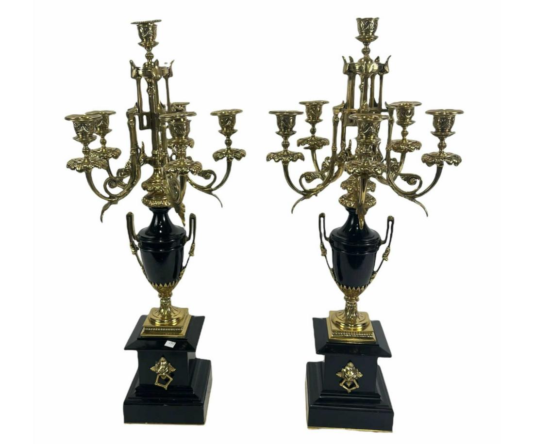PAIR OF ANTIQUE BRASS CANDELABRA ON MARBLE URNS (1 of 2)