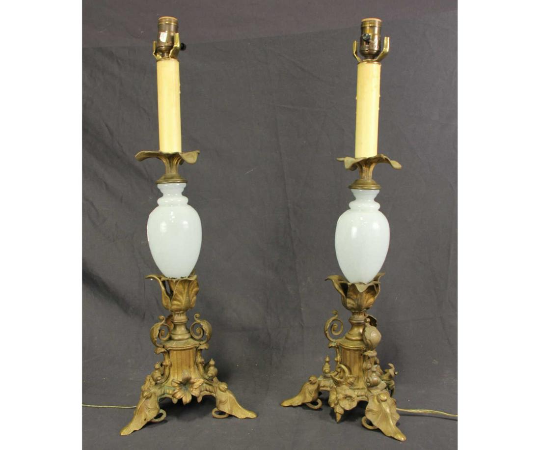PAIR OF ANTIQUE BRONZE & OPALINE GLASS LAMPS: PAIR OF ANTIQUE BRONZE & OPALINE GLASS CANDLESTICK LAMPS.