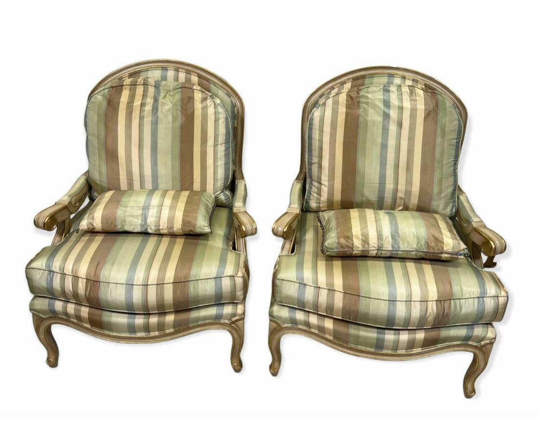 PAIR OF FRENCH STYLE SILK UPHOLSTERED ARMCHAIRS (1 of 3)