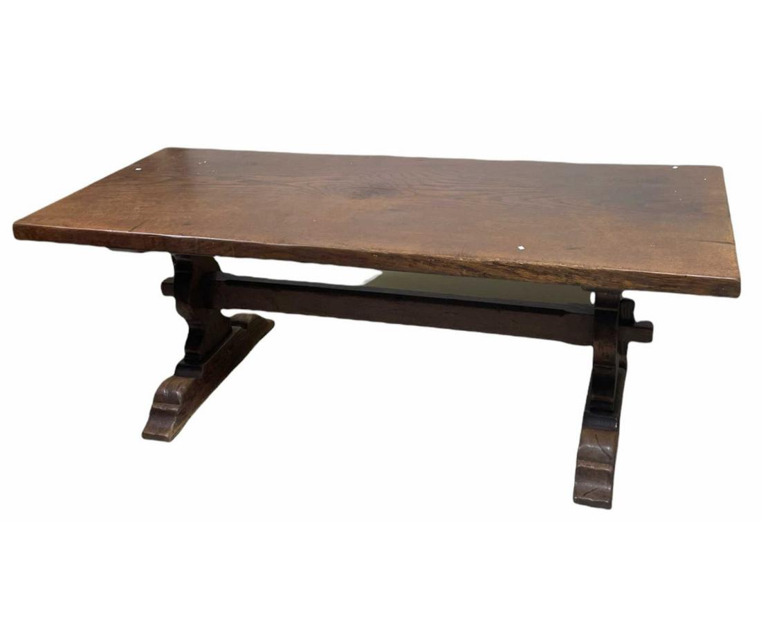 ANTIQUE OAK TRESTLE SLAB TOP TABLE (1 of 3)