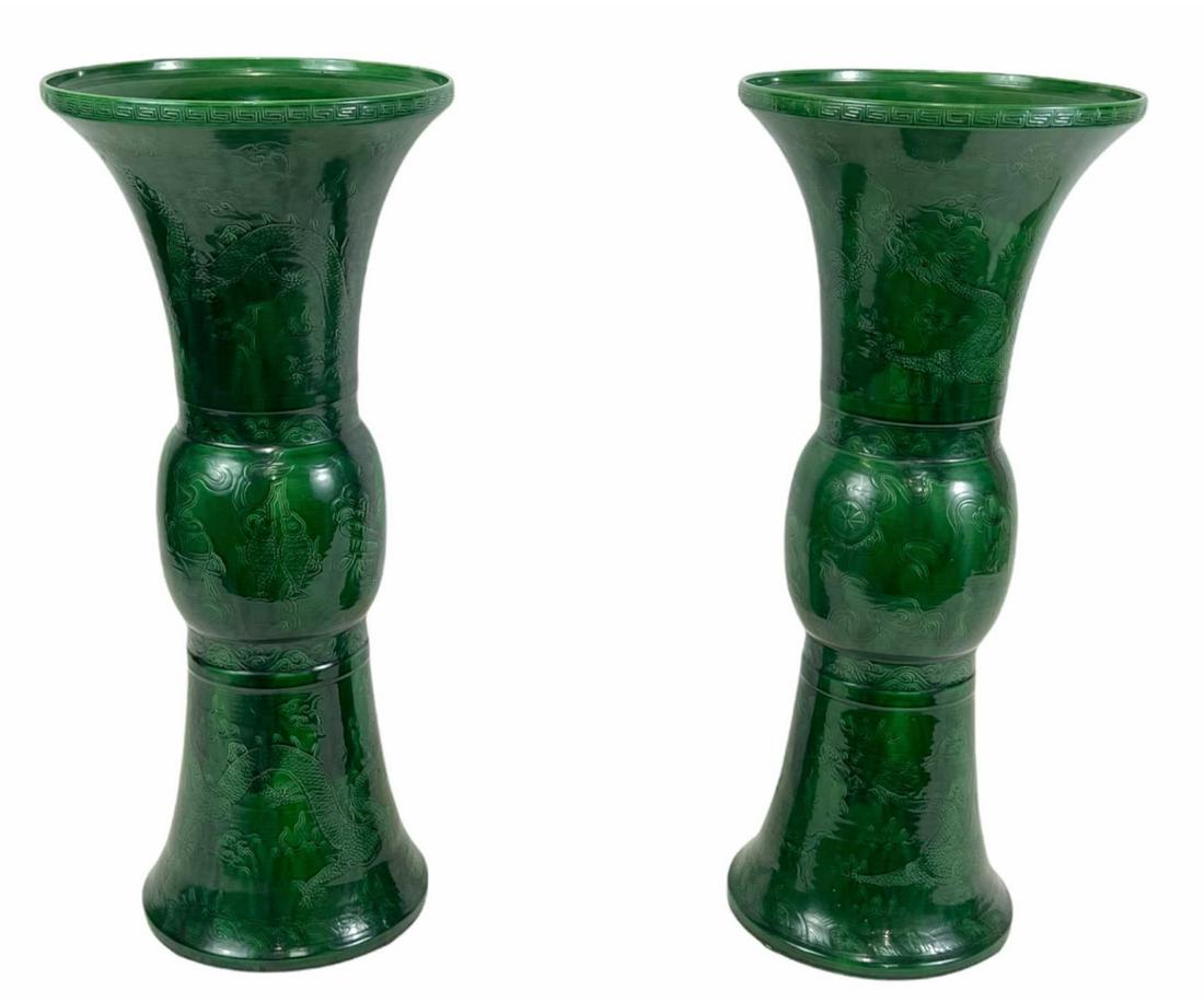 PAIR VINTAGE CHINESE GREEN GLAZED PORCELAIN VASES (1 of 2)