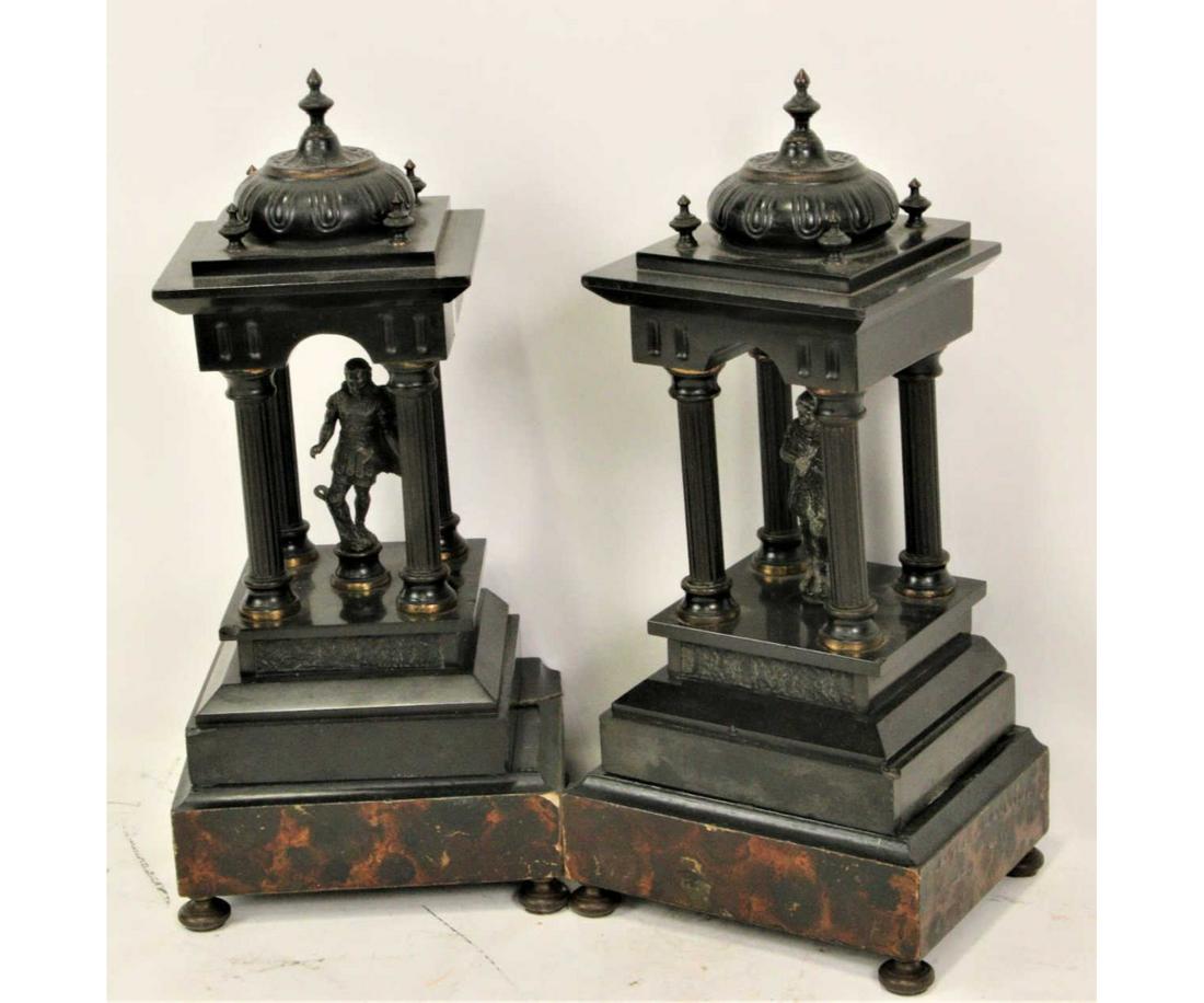 PAIR OF VICTORIAN BRONZE & MARBLE MANTEL TEMPLES: PAIR OF VICTORIAN BRONZE & MARBLE MANTEL TEMPLES. Height: 15 in. by Width: 7 in. by Depth: 6 in.