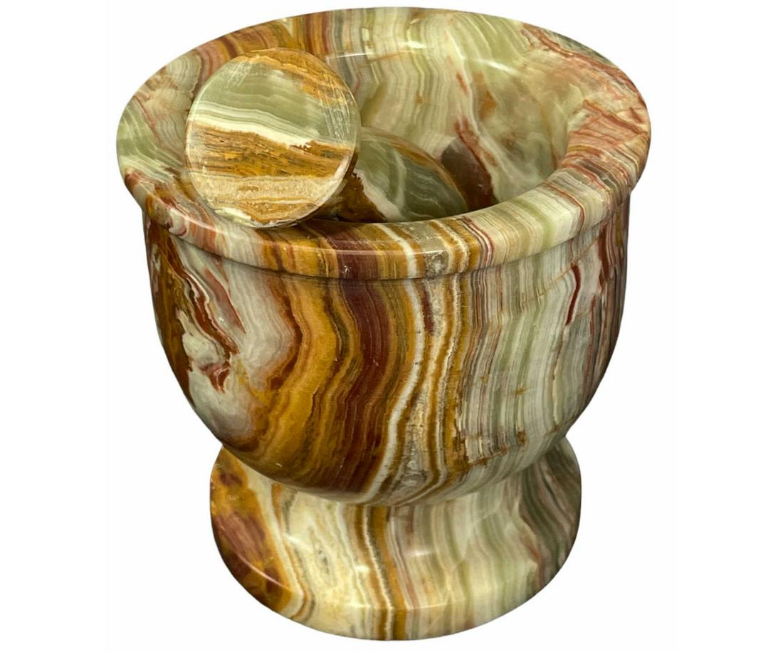 AFGHANISTAN ONYX MORTAR & PESTLE: AFGHANISTAN ONYX MORTAR & PESTLE 4.4 LBS Height: 4.75 in. by Width: 5