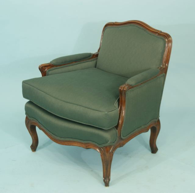 BERGERE IN GREEN UPHOLSTERY: BERGERE IN GREEN UPHOLSTERY. Height: 33 in. by Width: 29 in. by Depth: 27 in.
