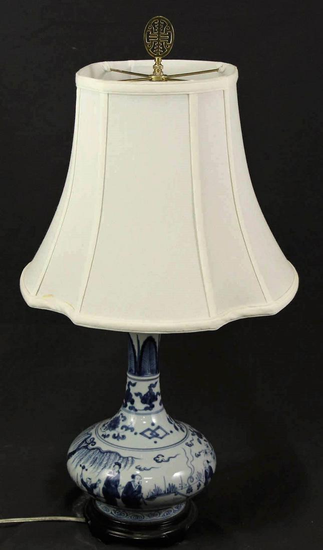 ANTIQUE CHINESE BLUE AND WHITE PORCELAIN LAMP: ANTIQUE CHINESE BLUE AND WHITE PORCELAIN LAMP. Height: 27 in. by Width: 16 in. by Depth: 6 in.