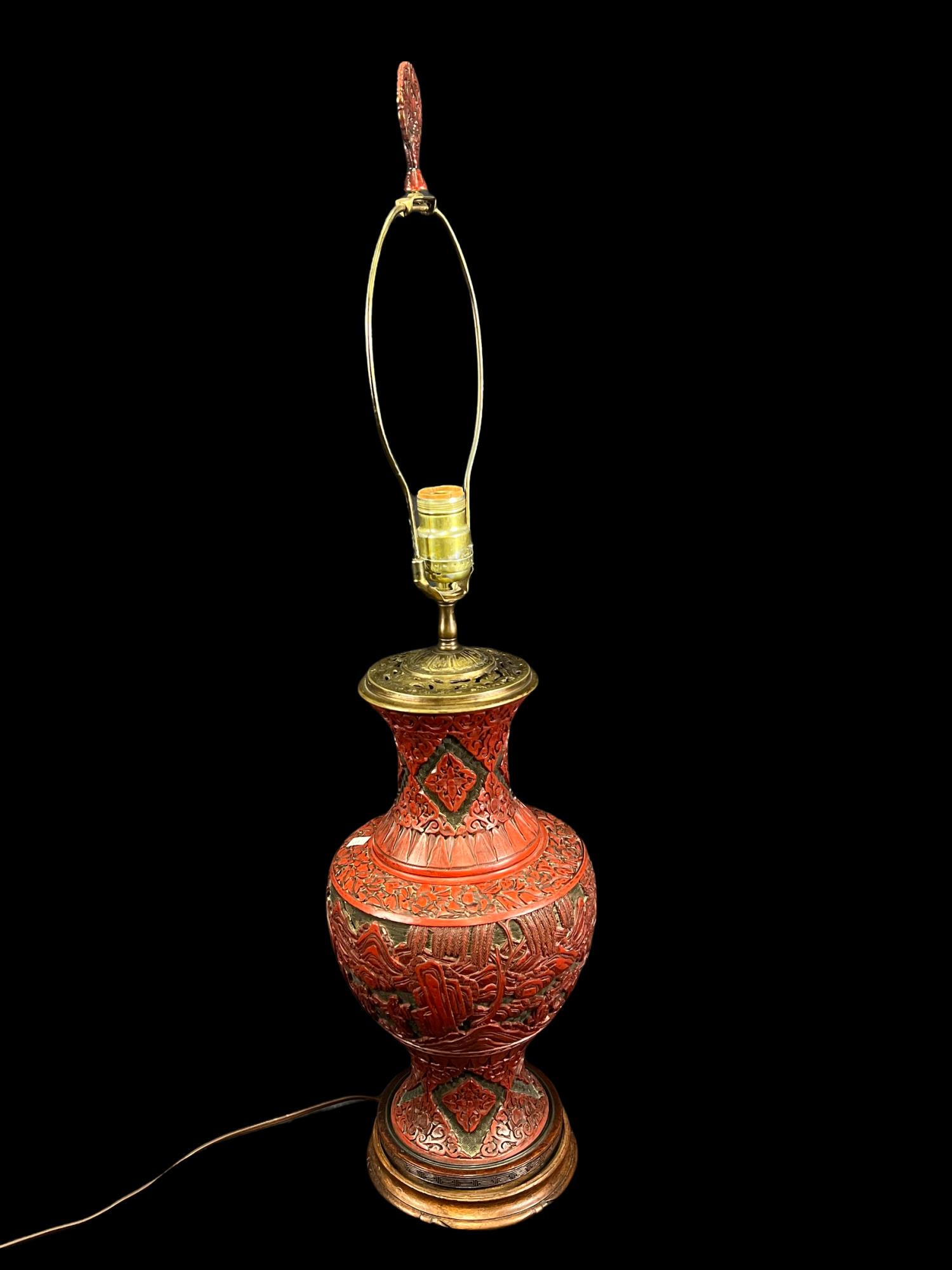 19th CENTURY CHINESE CINNABAR CARVED VASE LAMP (1 of 4)