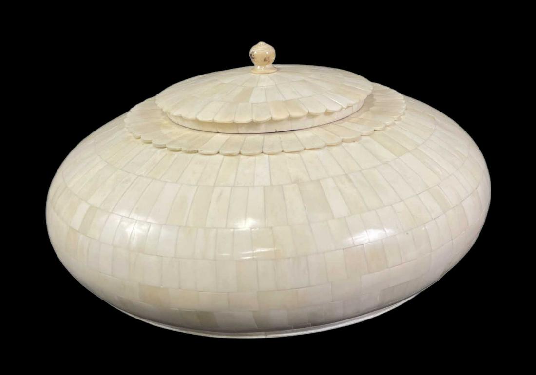 CARVED BONE CONTAINER WITH LID: CARVED BONE CONTAINER WITH LID. Height: 8 in. by Width: 16 in. by Depth: 16 in.