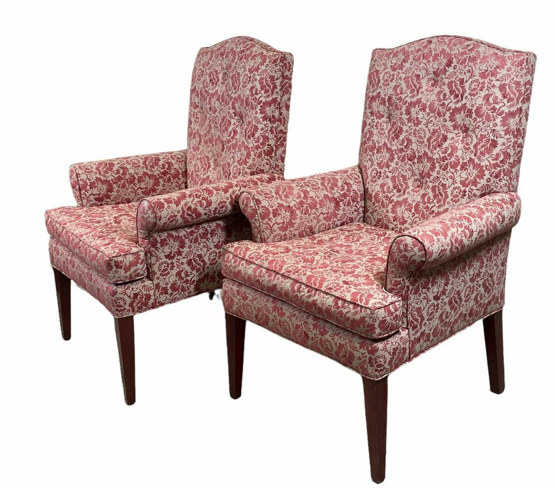 PAIR OF FORTUNY UPHOLSTERED ARMCHAIRS: PAIR OF FORTUNY UPHOLSTERED ARMCHAIRS. Height: 44 in. by Width: 27 in. by Depth: 24