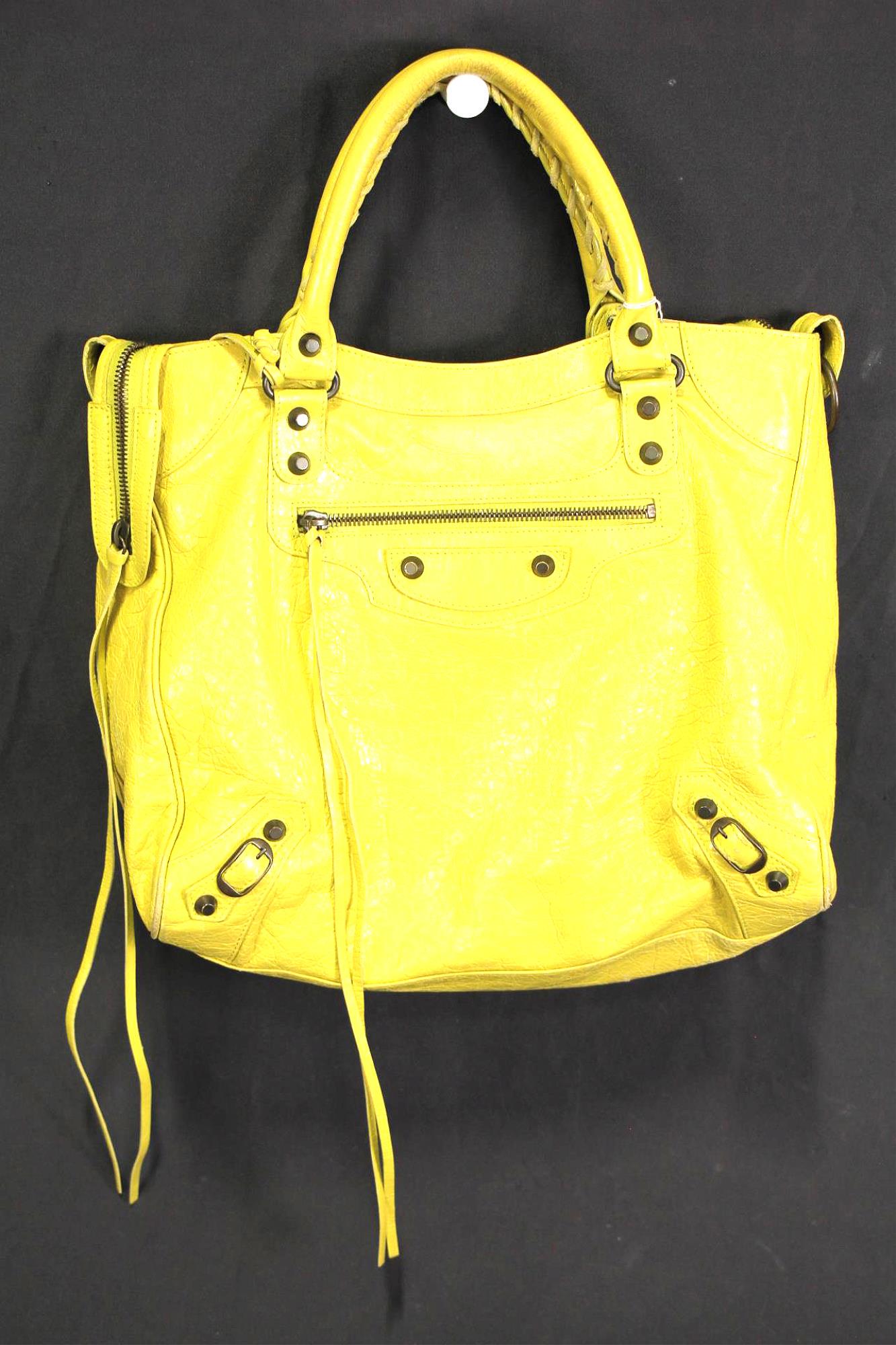 Balenciaga Neon Yellow Classic Velo Bag: Balenciaga Neon Yellow Distressed Leather Classic Velo Shoulder Bag Includes Strap, Mirror - IN VERY GOOD CONDITION (COA Included)