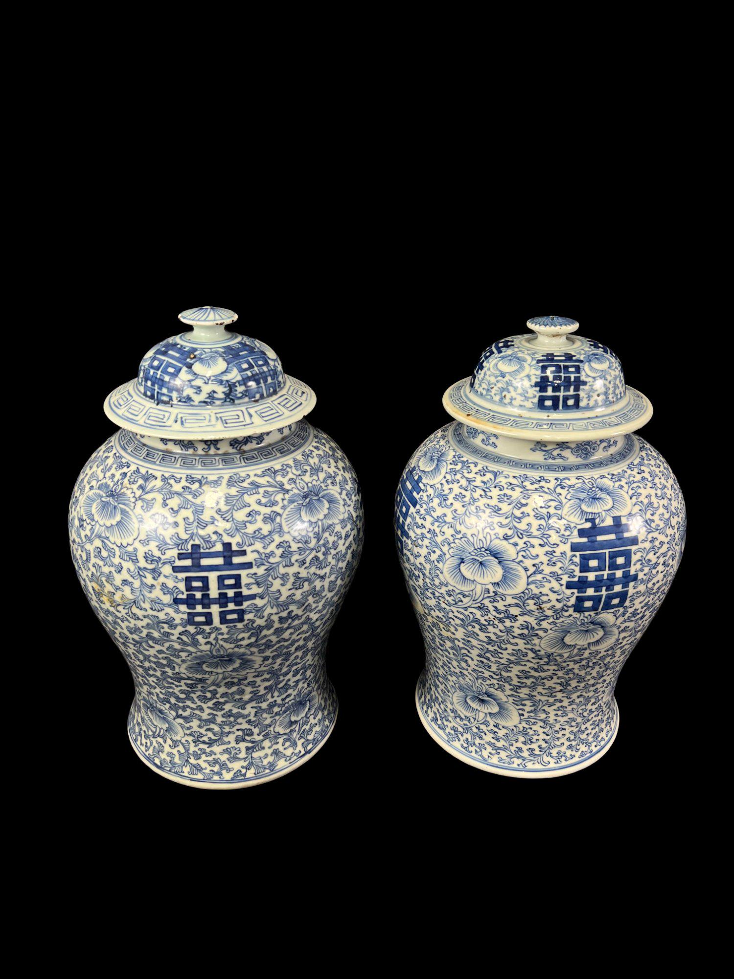 PAIR OF ANTIQUE CHINESE BLUE + WHITE TEMPLE JARS (1 of 6)