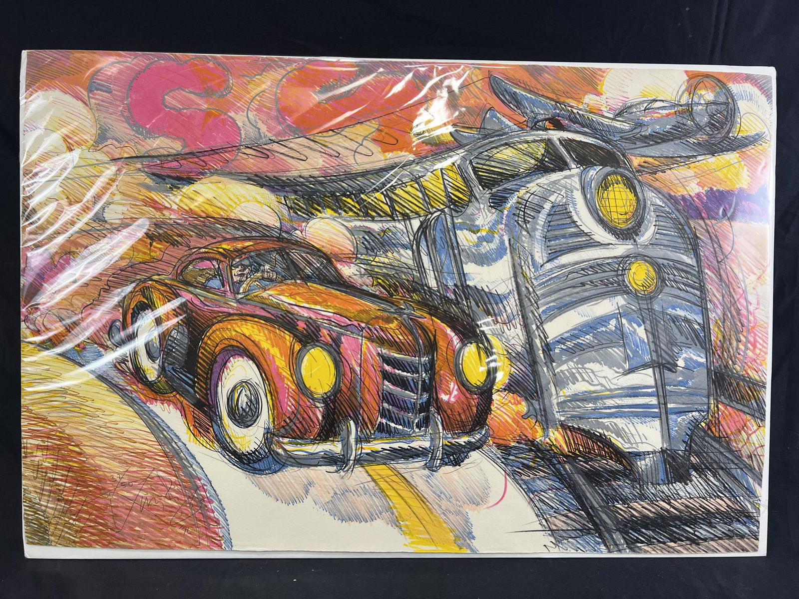 LUIS JIMENEZ "PROGRESS (CAR & TRAIN) LITHOGRAPH: LUIS JIMENEZ "PROGRESS (CAR & TRAIN)" HAND COLORED LITHOGRAPH #32/50. Height: 24 in. by Width: 36 in.