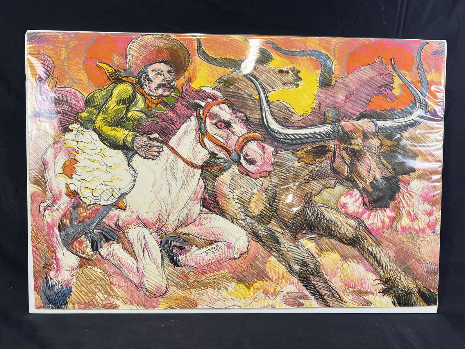 LUIS JIMENEZ "PROGRESS (COWBOY)" LITHOGRAPH: LUIS JIMENEZ "PROGRESS (COWBOY)" HAND COLORED LITHOGRAPH #47/50. Height: 24 in. by Width: 36 in.