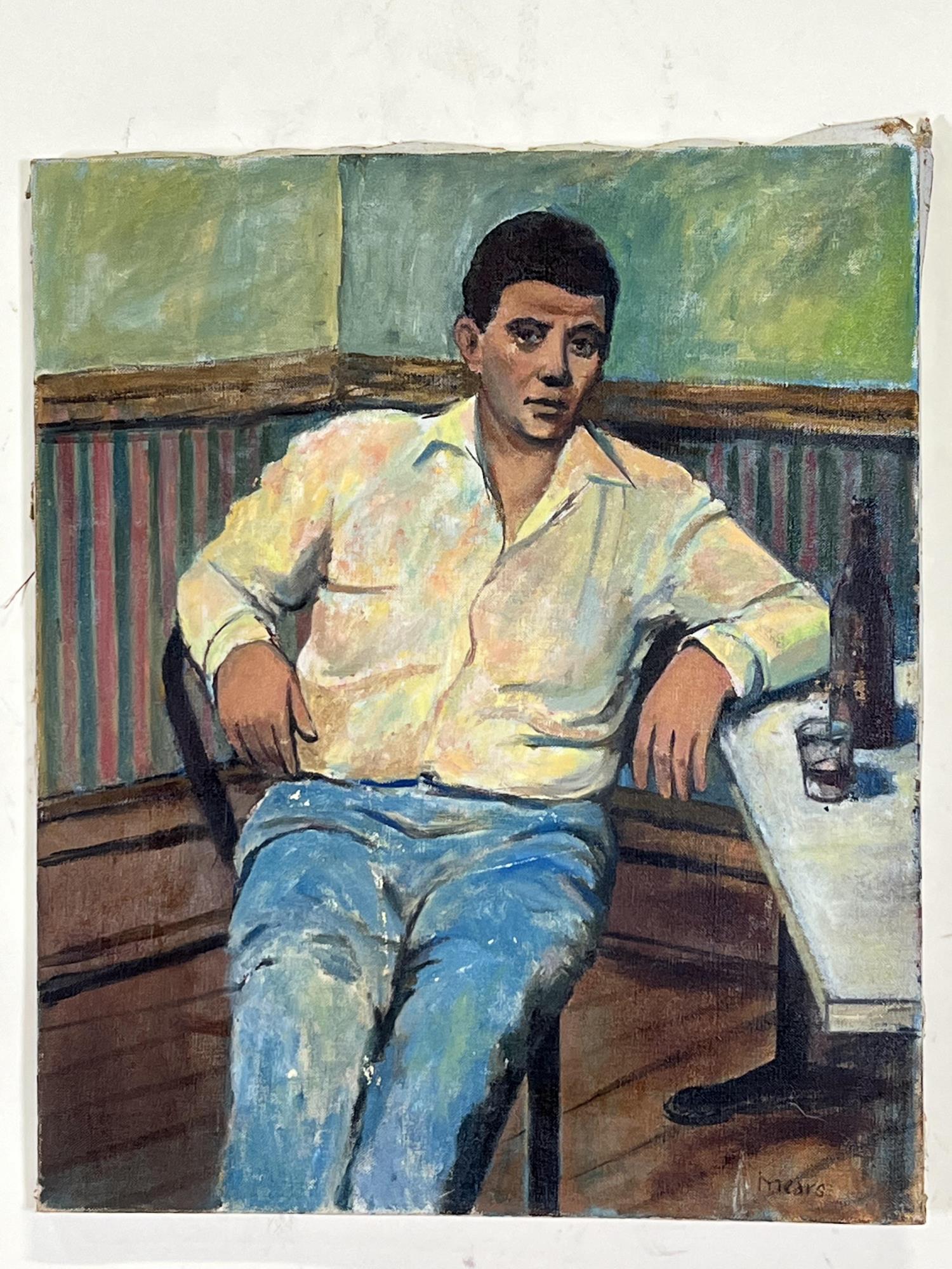 HERB MEARS "MAN DRINKING" OIL ON PANEL PAINTING: HERB MEARS (AMERICAN 1923-1999) "MAN DRINKING" OIL ON PANEL PAINTING, CIRCA 1950's Height: 22 in. by Width: 18 in.