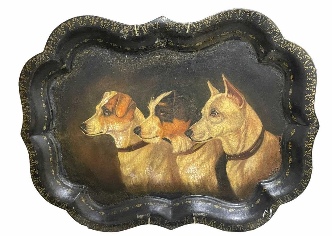 ANTIQUE BUTLERS TRAY WITH THREE DOGS (1 of 4)