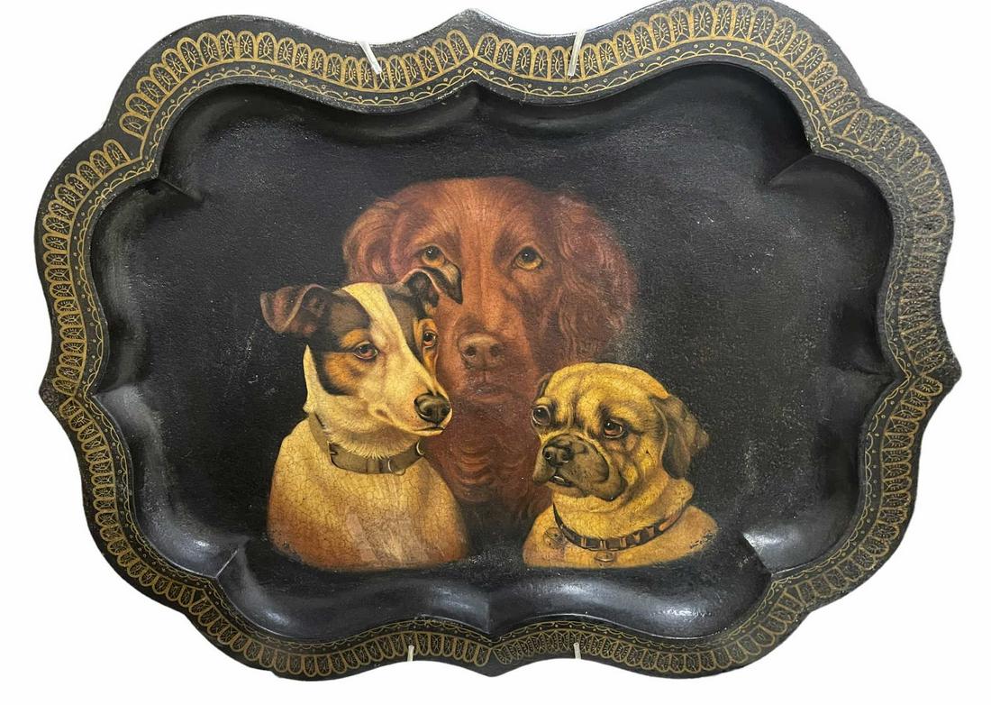ANTIQUE BUTLERS TRAY WITH THREE DOGS (1 of 3)