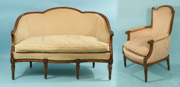 LOUIS XVI STYLE MODERN LOVESEAT & BERGERE: 20th CENTURY LOUIS XVI STYLE MODERN LOVESEAT & BERGERE UPHOLSTERED IN PINK STRIPED FABRIC. Height: 33 and 38 1/2 in. by Width: 51 and 26 1/2 in. by Depth: 27 1/2 and 27 in.