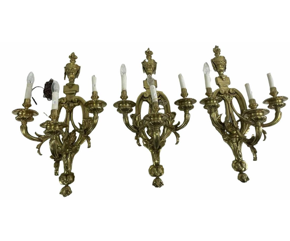 SET OF THREE ANTIQUE GILT BRASS WALL SCONCES (1 of 4)