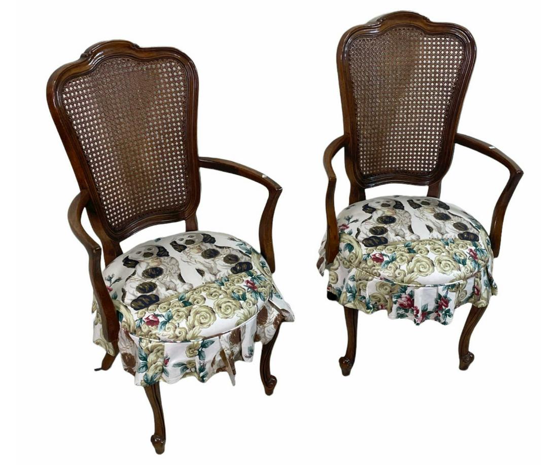 PAIR CANE BACK STAFFORDSHIRE PRINT SEAT ARMCHAIRS (1 of 3)