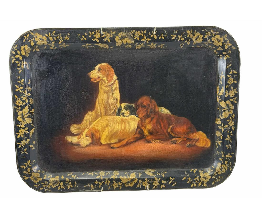 ANTIQUE BUTLER'S TRAY WITH THREE DOGS (1 of 3)