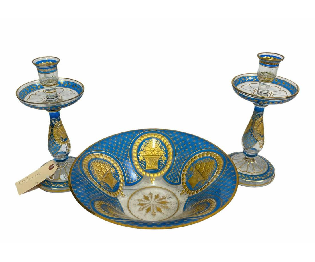PAIR OF 19th C. MOSER CANDLESTICKS & BOWL (1 of 8)