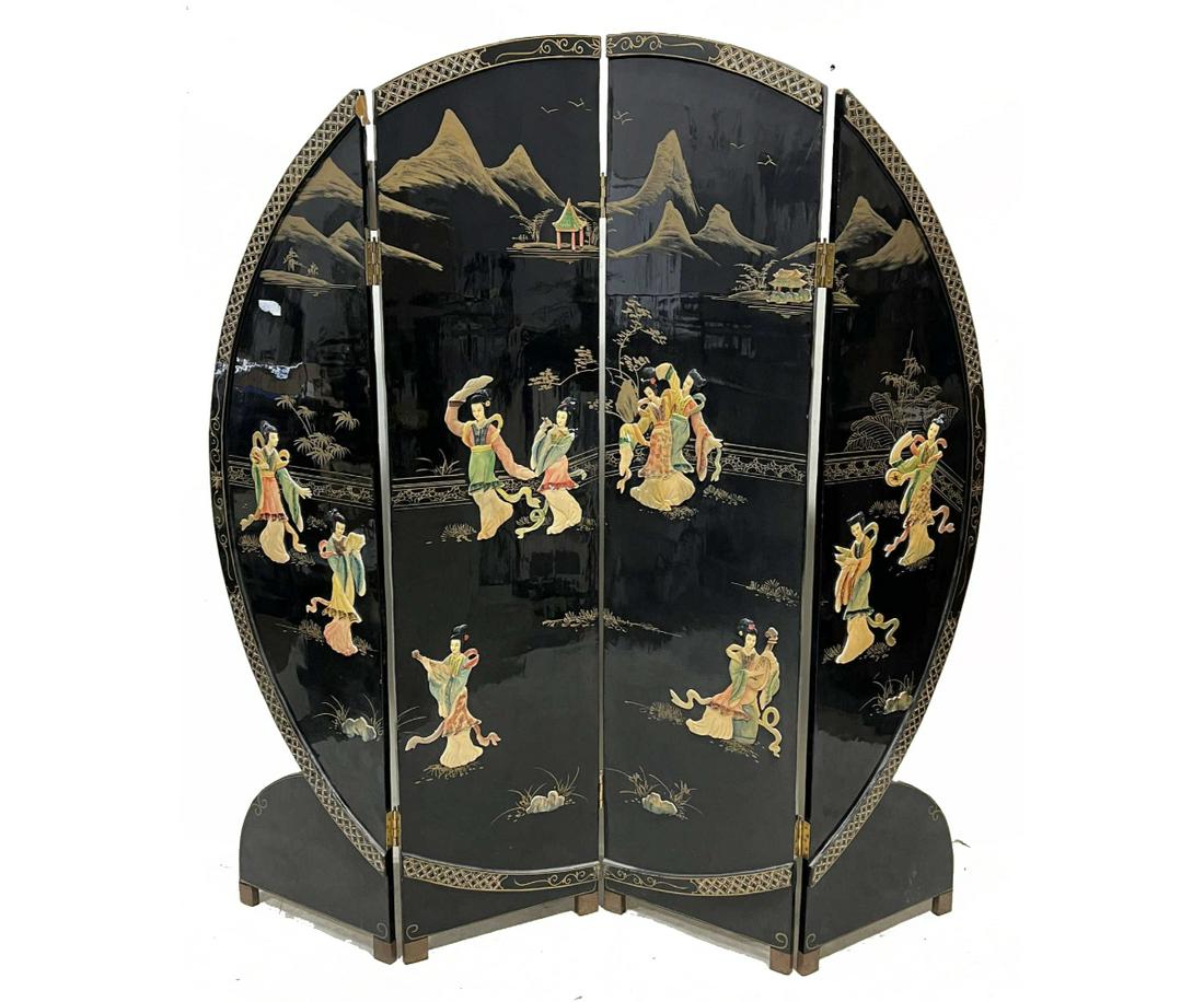 ART DECO ROUND ORIENTAL LAQUERED SCREEN: ART DECO ROUND ORIENTAL LAQUERED SCREEN. Height: 70 in. by Width: 67 in. by Depth: 1 in.
